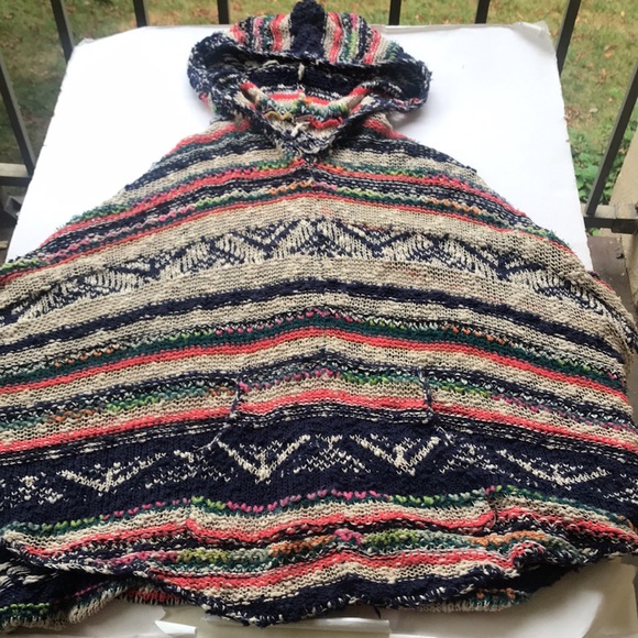 Free People Rainbow Bubble Tea Yarn Poncho Multicolored Hooded Sweater Large M L - Picture 7 of 17